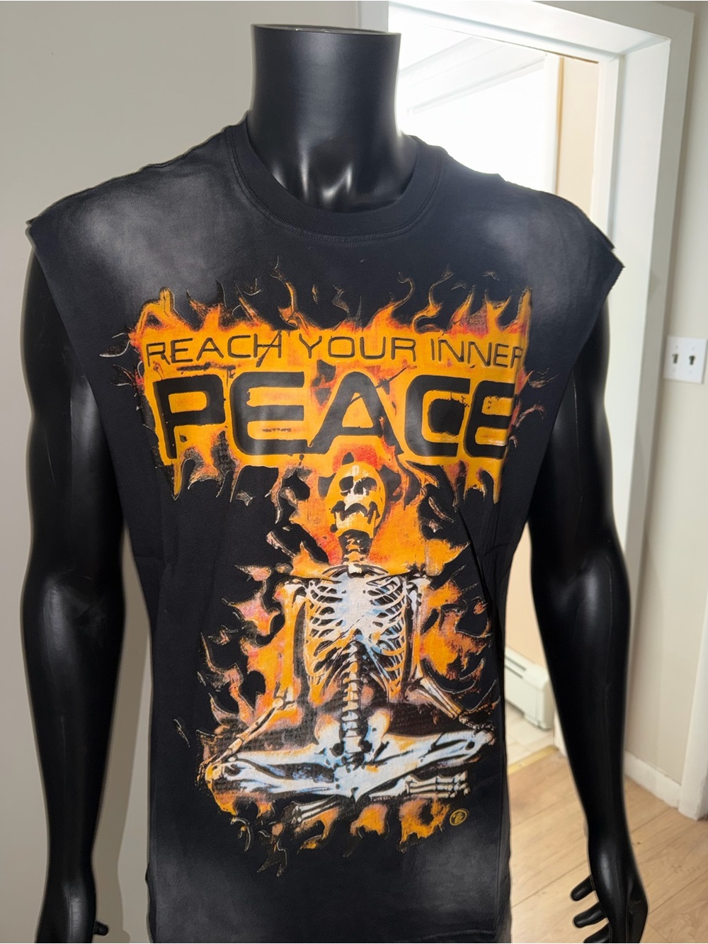 Men's Black Sleeveless Graphic Tank with Orange Flame Skeleton